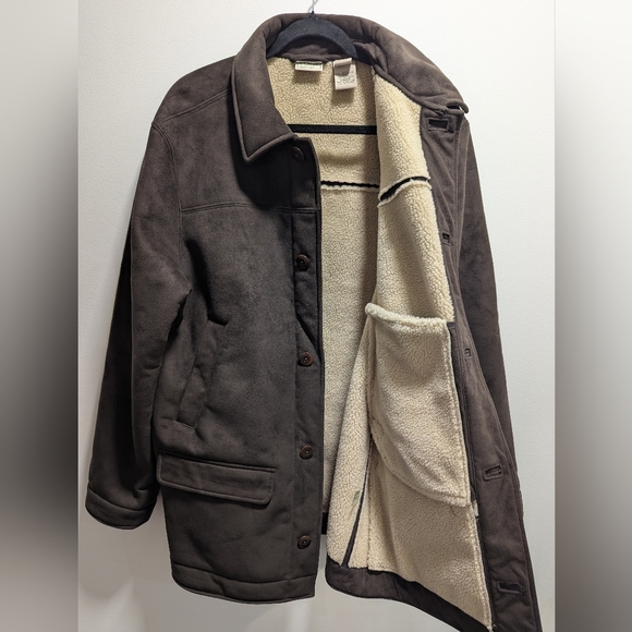 LL Bean Men Brown Sherpa Lined Faux Suede Barn Jacket Coat Large Grandpa Chore - Picture 4 of 12